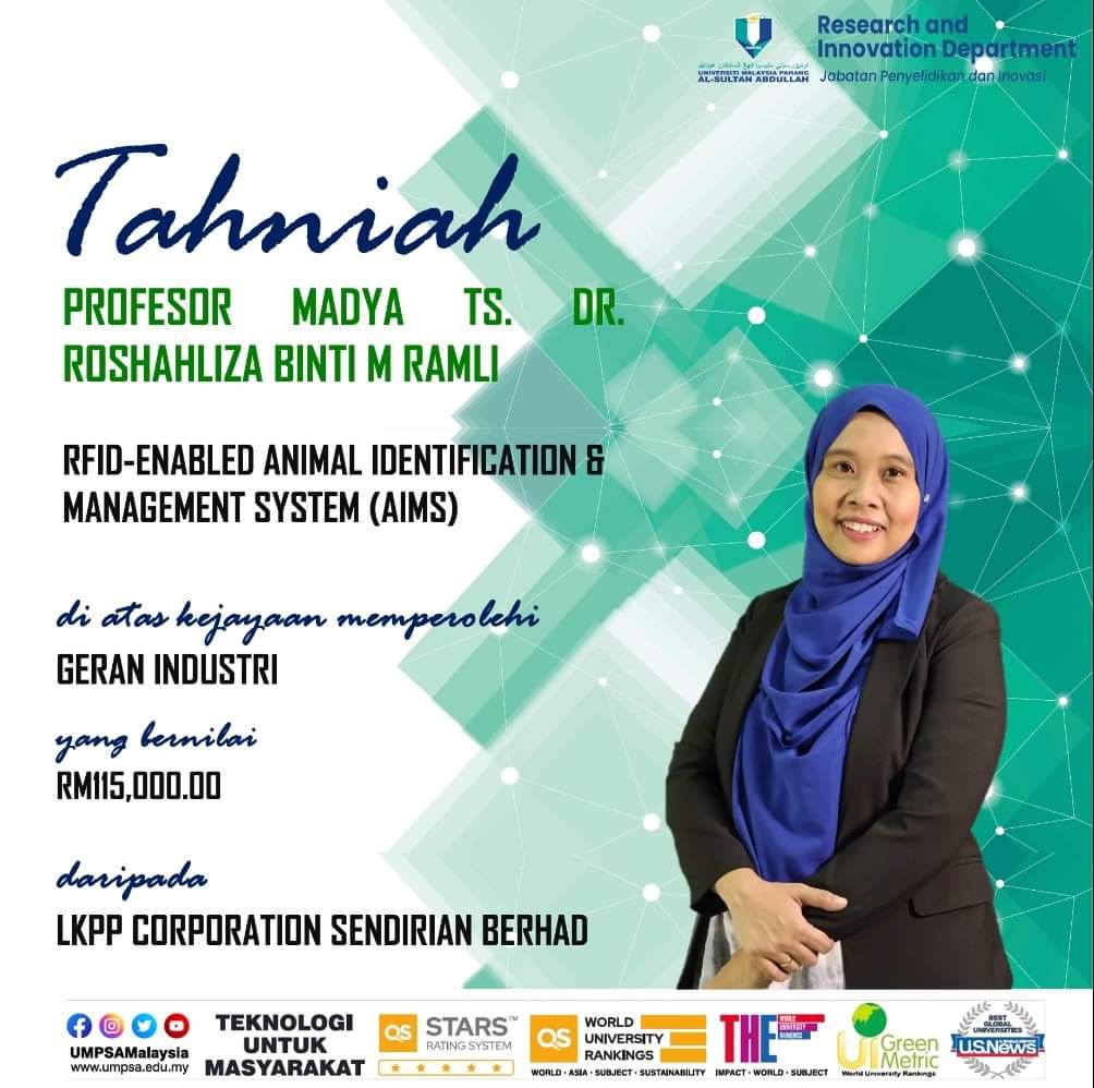 Tahniah Profesor Madya Dr. Ts. Roshahliza di atas Kejayaan Memperoleh Geran Industri